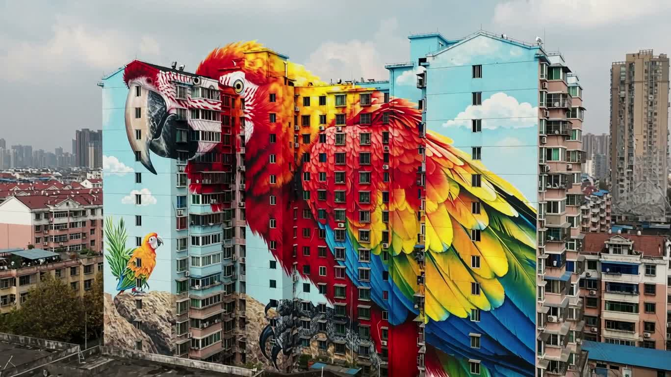 Гигантская mural-роспись попугая на городской стене