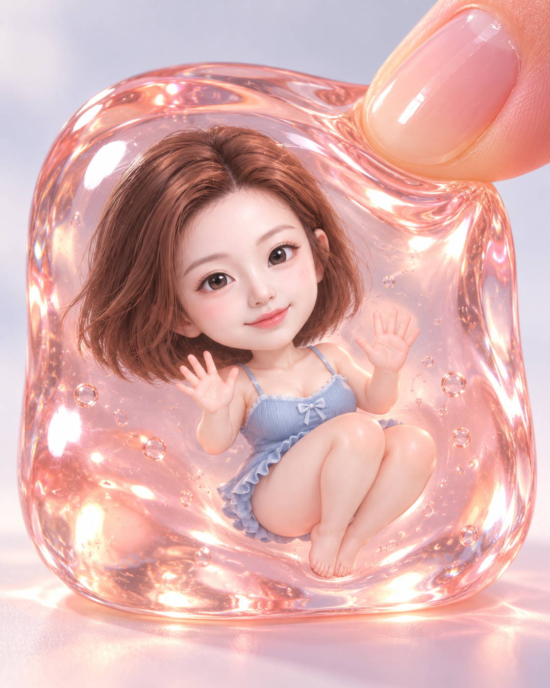 被指尖轻捏的晶莹透明软糖风Q版萌妹 — AI image creation