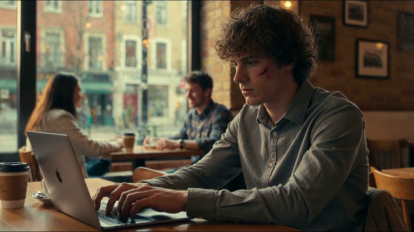 咖啡馆里的专注打字者 — AI video creation