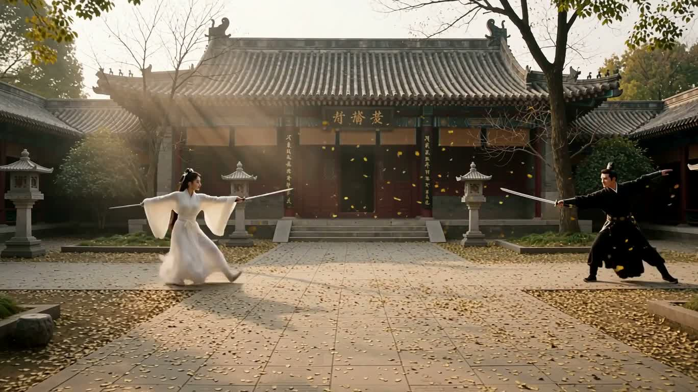 枯叶庭院中的巫侠决斗 — AI video creation