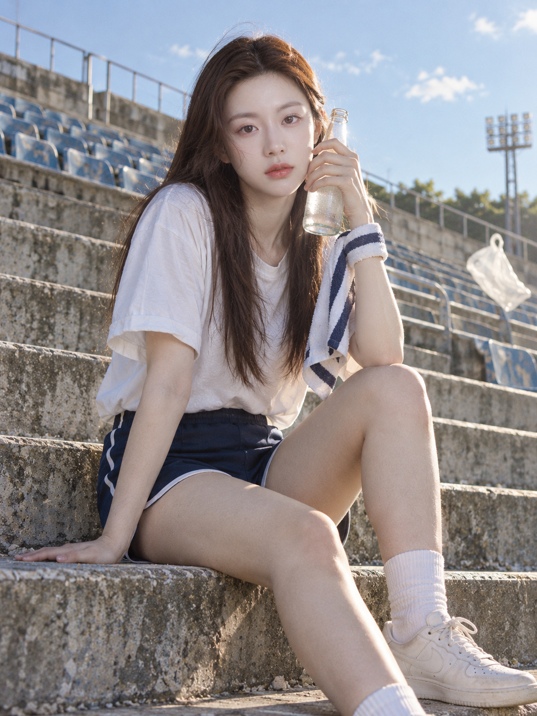 韩国女艺人体育场阶梯日系胶片感人像 — AI image creation