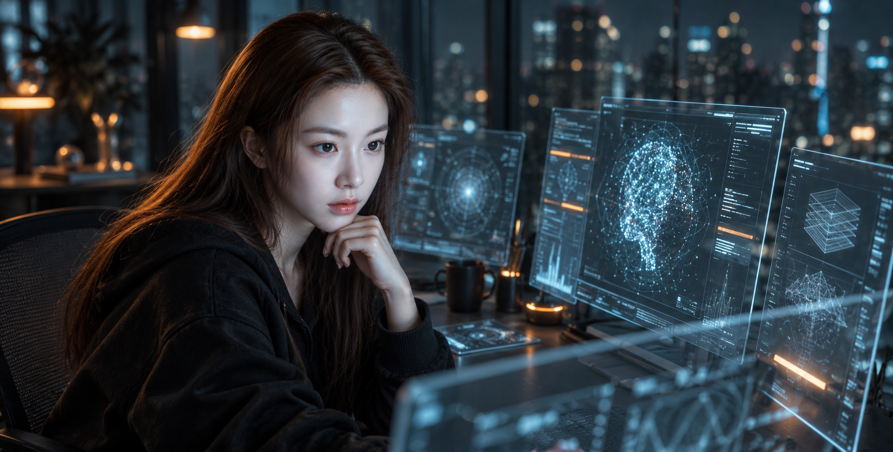 Tech noir engineer before a holographic screen at midnight