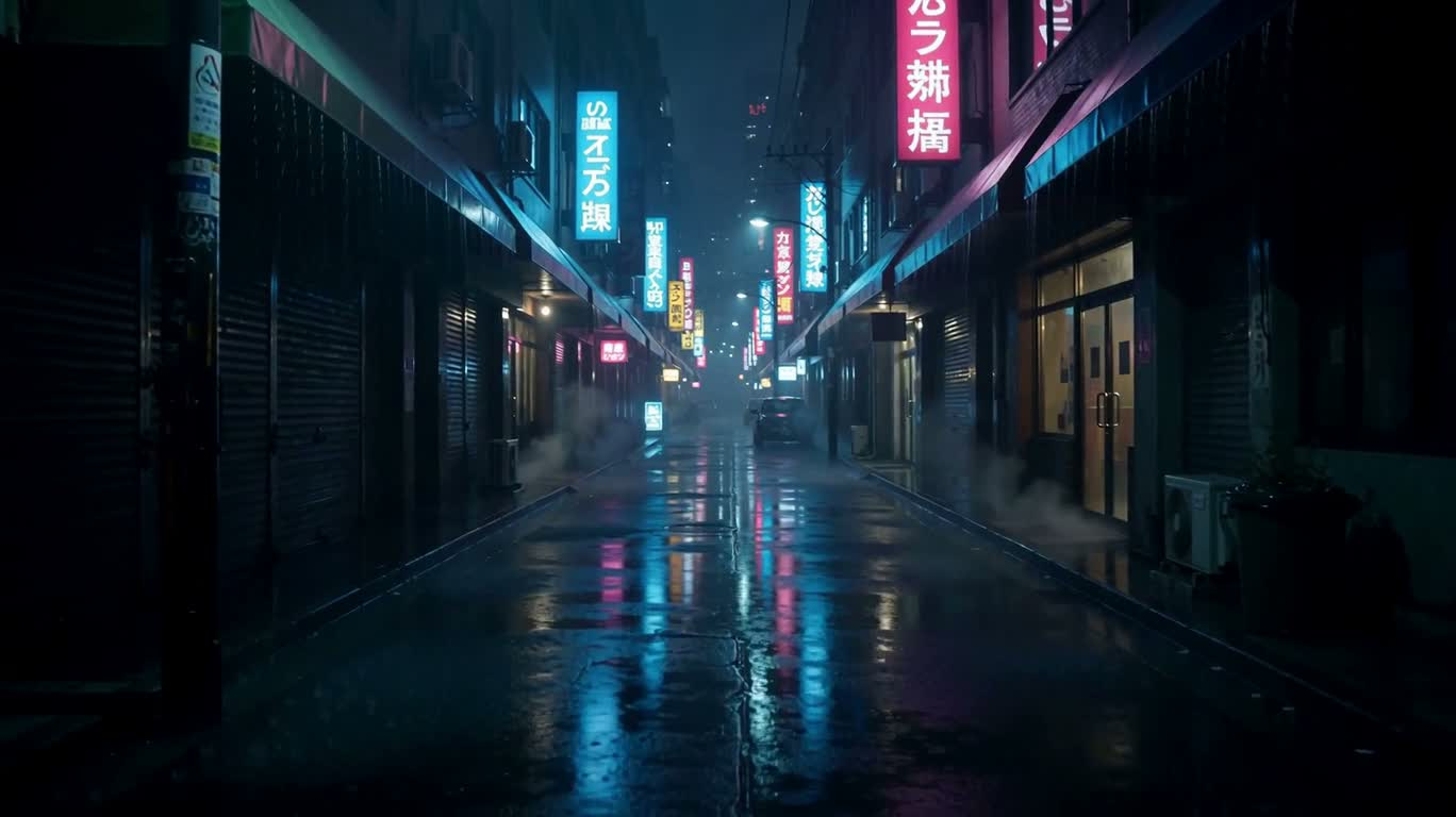 午夜霓虹雨巷 — AI video creation