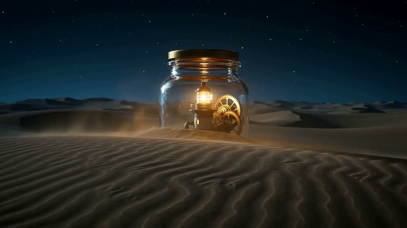 Steam Lighthouse in a Glass Jar on a Sea of Sand