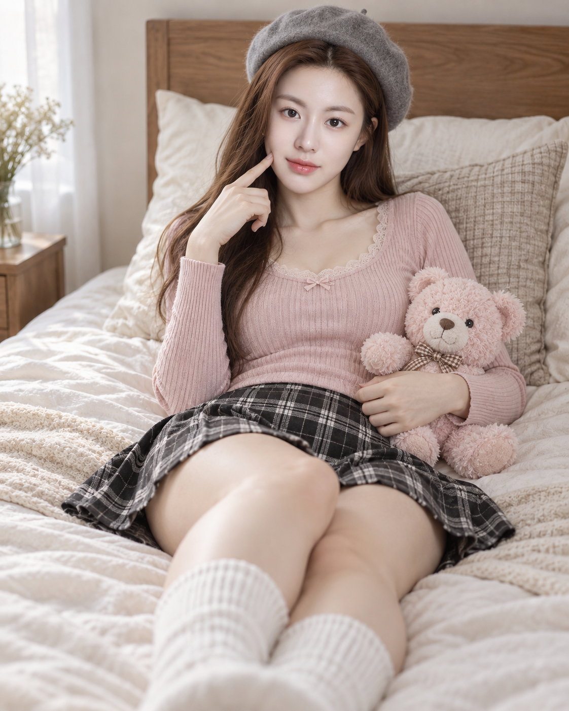 柔光卧室贝雷帽成年女性抱熊人像 — AI image creation