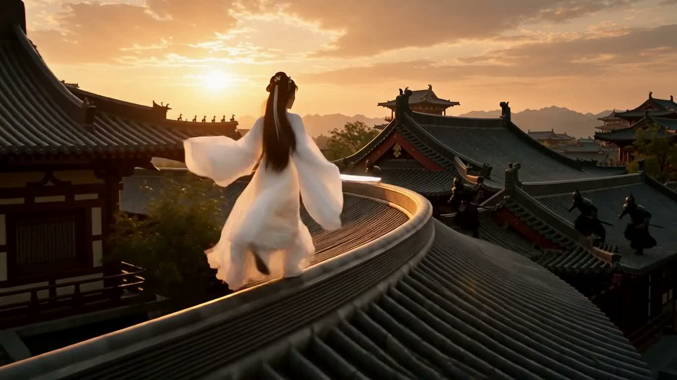 夕阳屋脊上的白衣剑影 — AI video creation