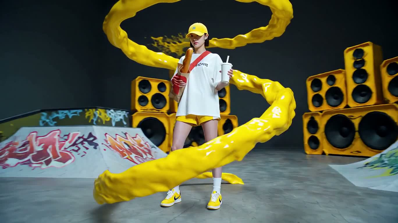 黄胶幻变：滑板场的金色骨骼 — AI video creation