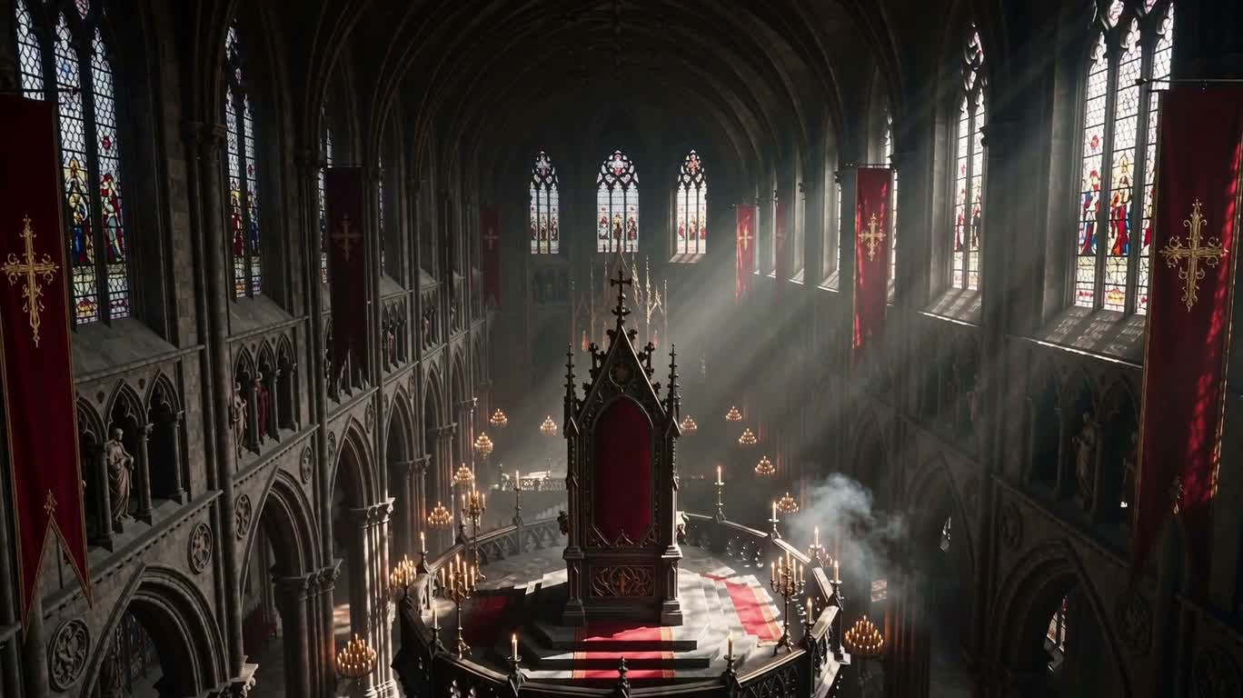 Le trône suspendu du seigneur maléfique surplombe la cathédrale — AI video creation