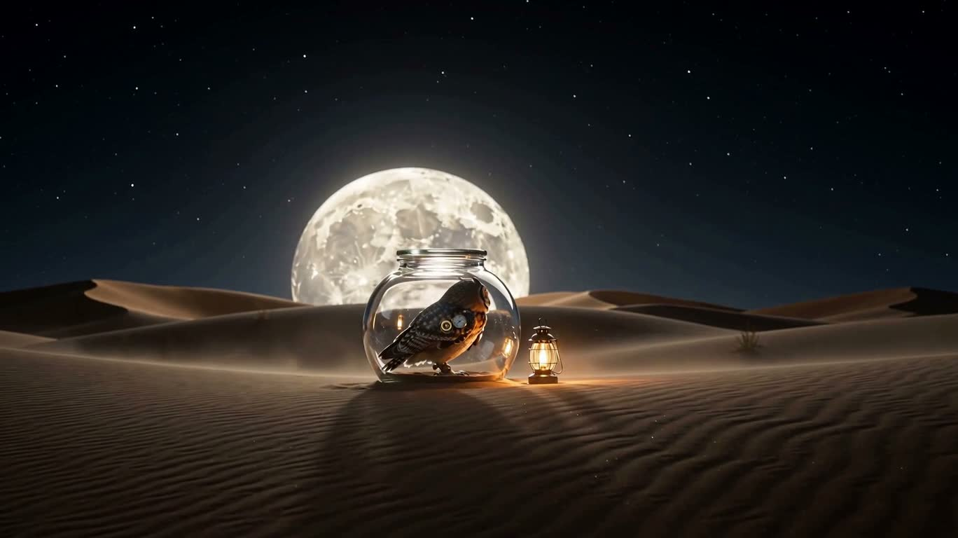 Steampunk Moon Owl in a Glass Bottle on a Sea of Sand
