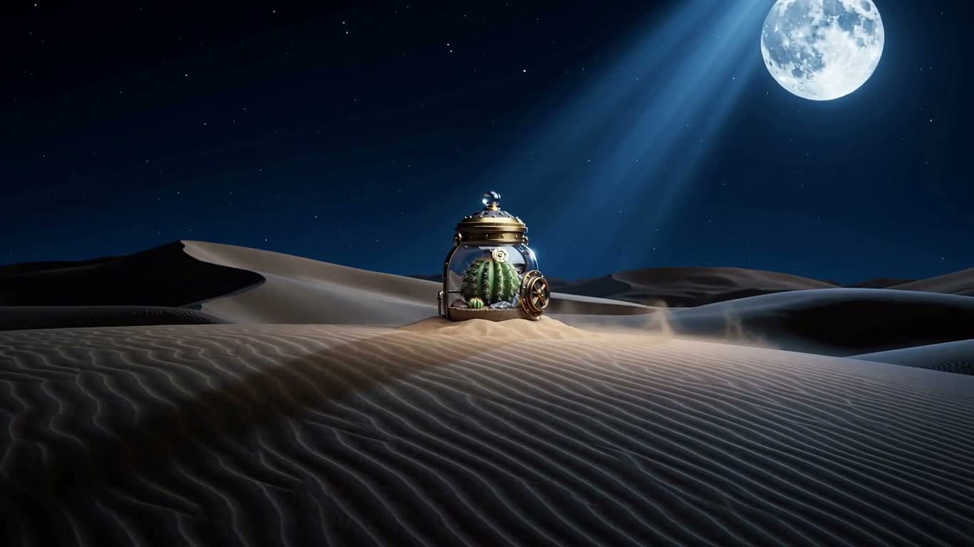 Steampunk Cactus Bottle in a Moonlit Sand Sea