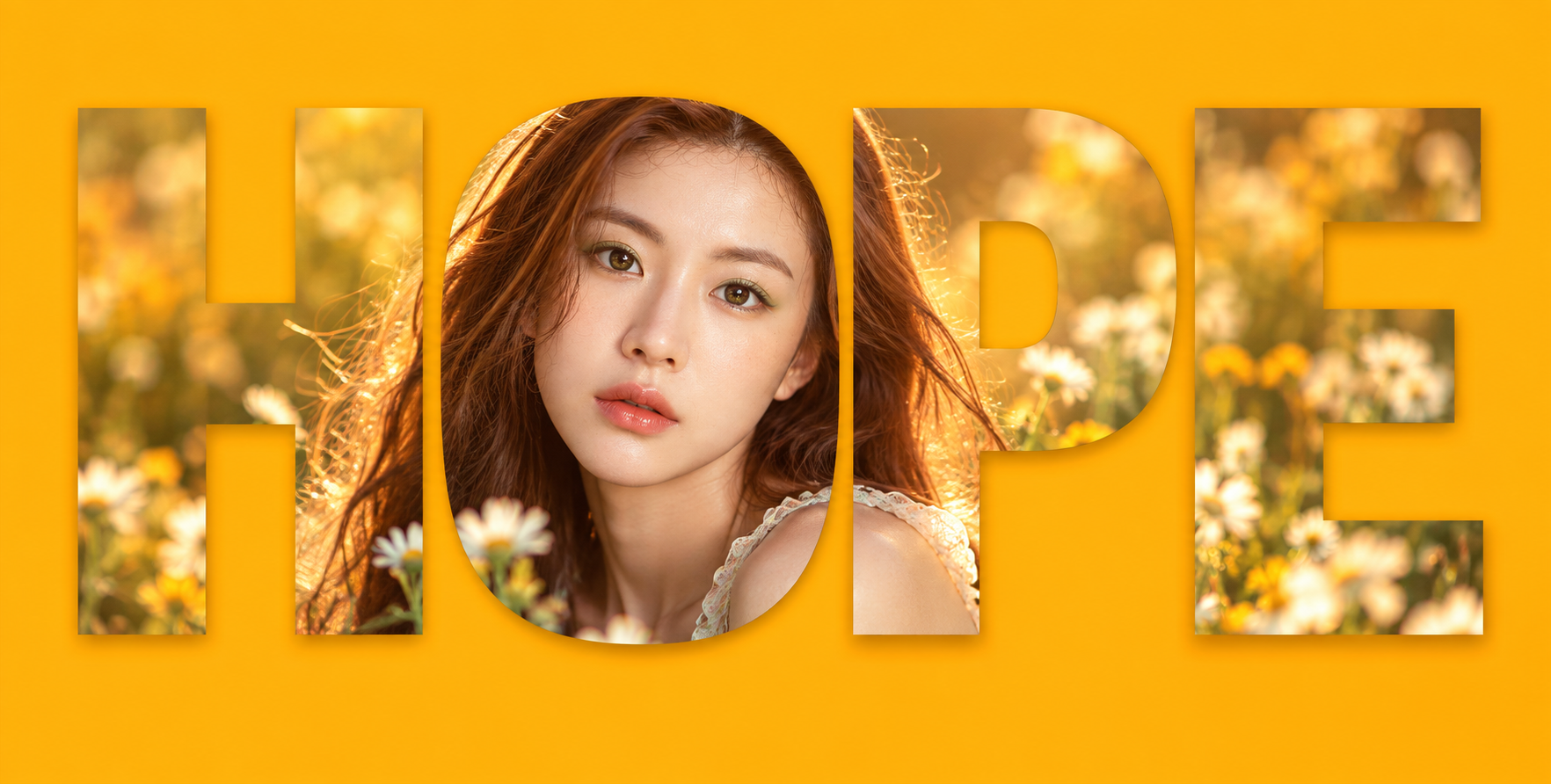 HOPE字母遮罩中的成年女性温暖花影人像海报 — AI image creation