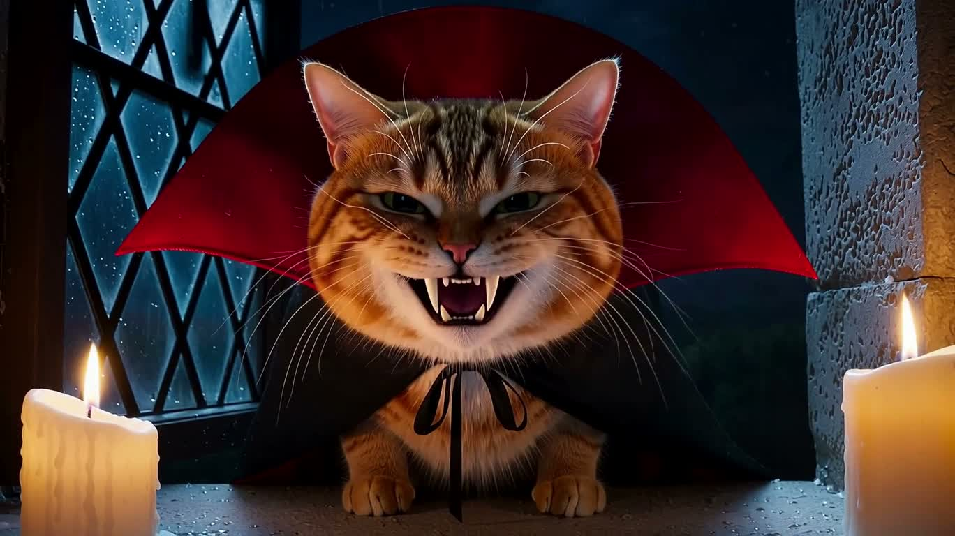 橘猫吸血鬼的荒诞坠落 — AI video creation