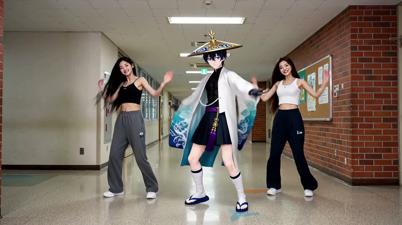 学校の廊下で三人の元気なダンス — AI video creation