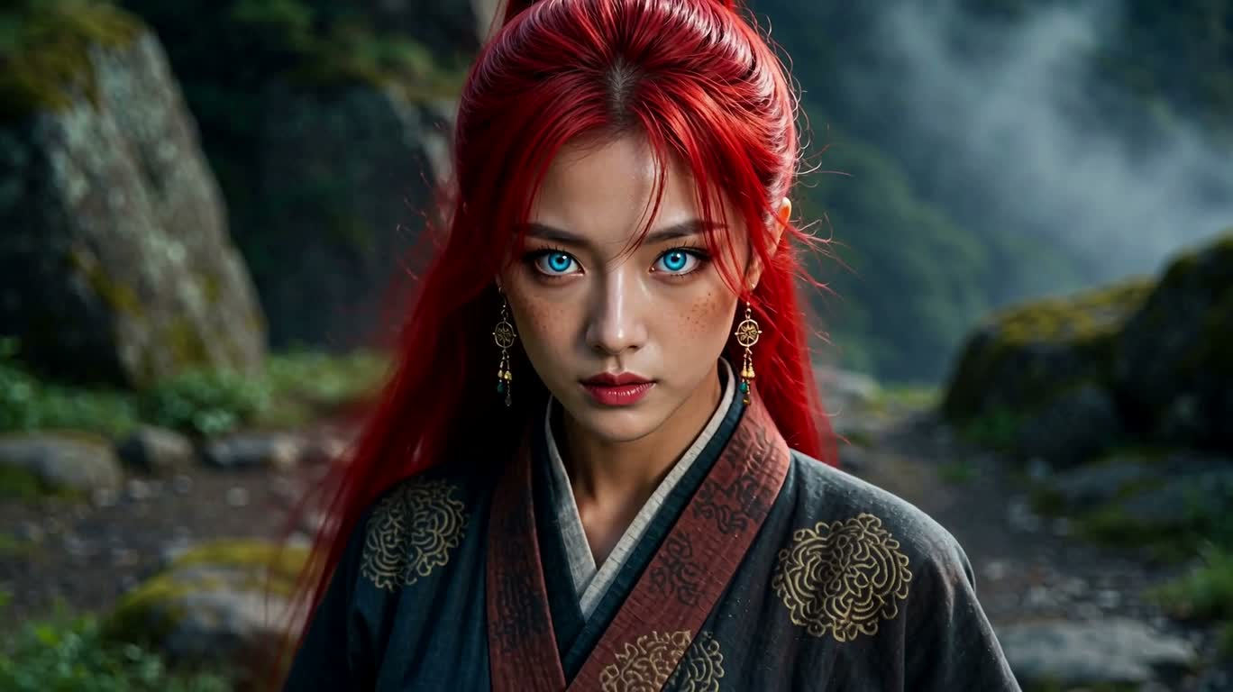 赤发蓝眸持刀女战士 — AI video creation