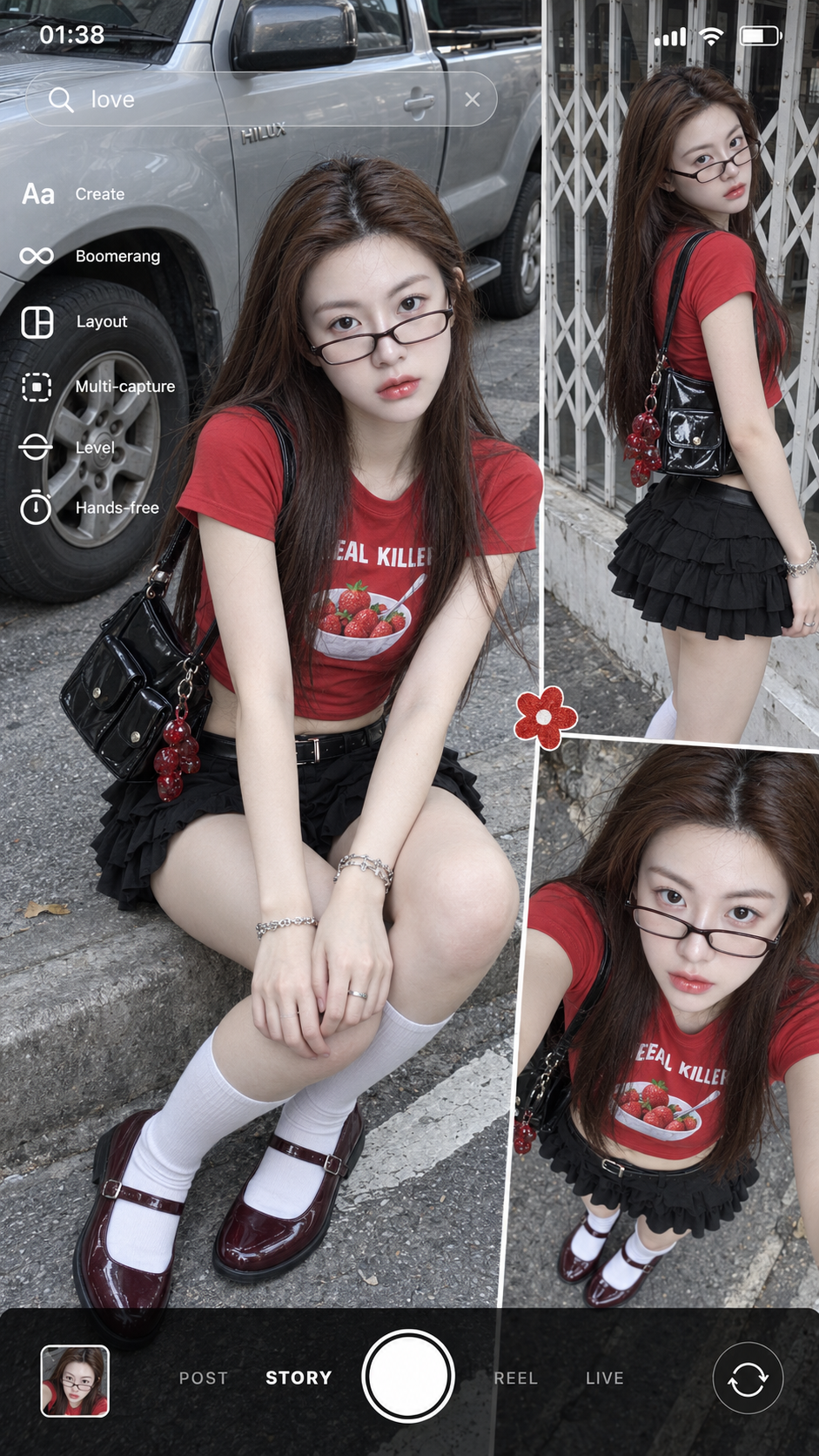 凌晨街头红色草莓T恤Y2K手机拼贴 — AI image creation