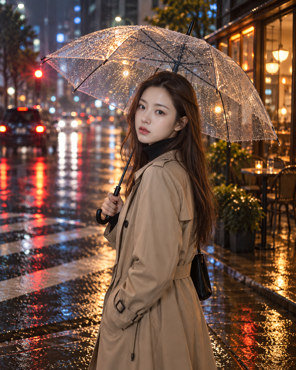 都市雨夜透明伞下的成年女性 — AI image creation