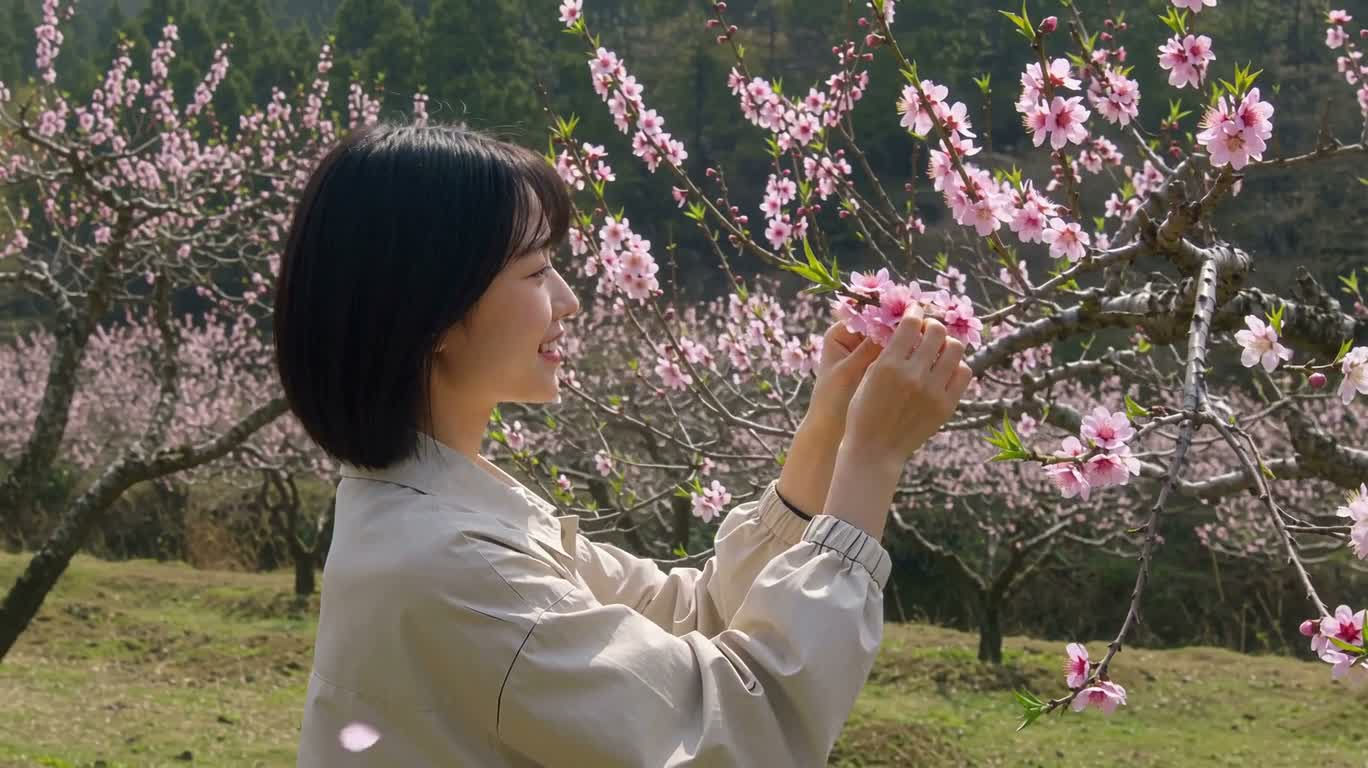 Nụ cười hái hoa trong gió hoa đào