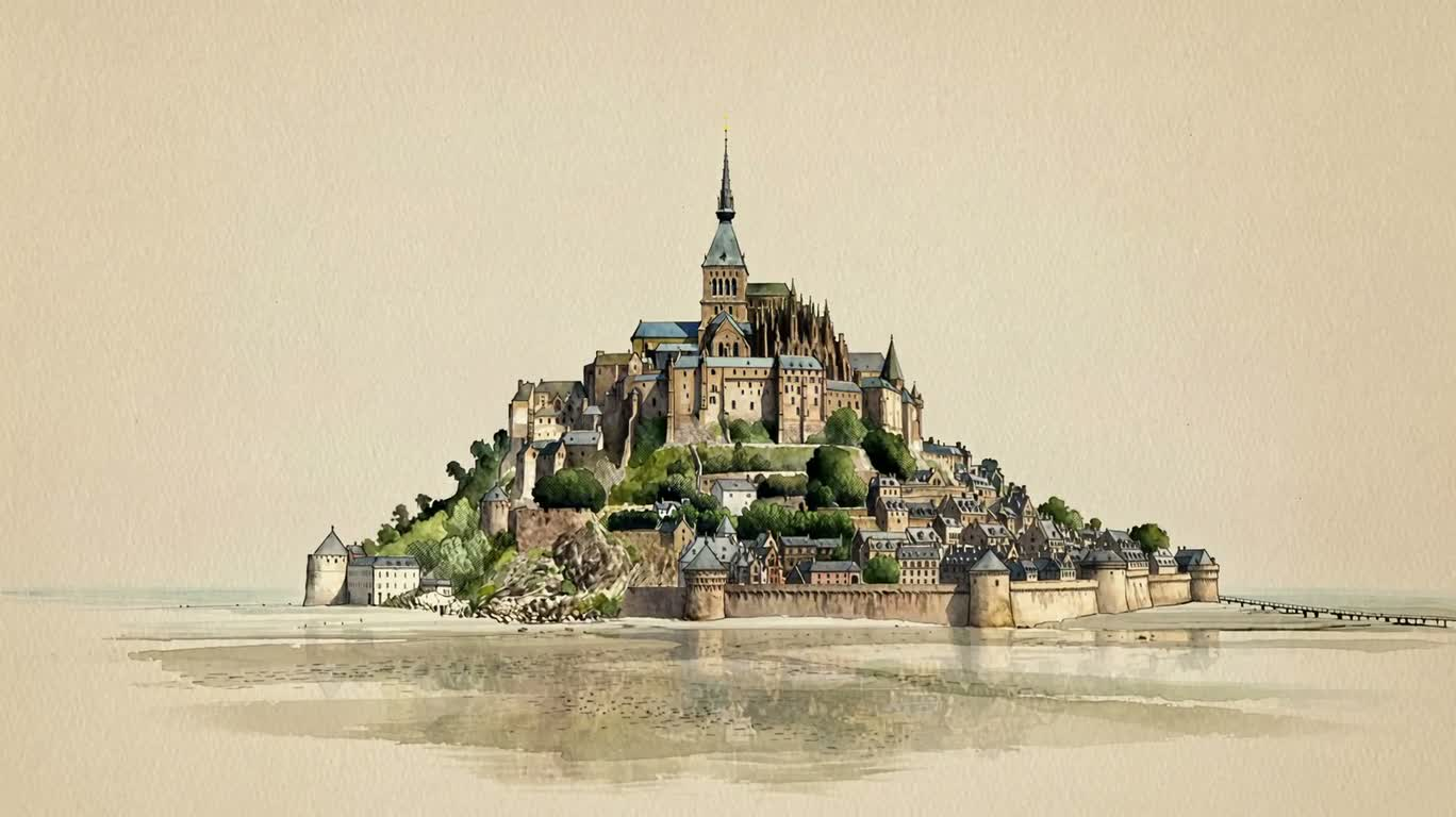 圣米歇尔山水彩画 — AI video creation