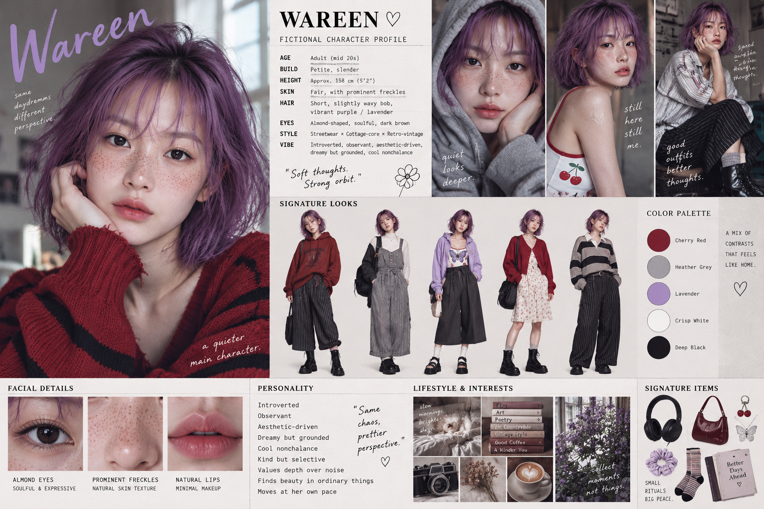 紫发雀斑少女的复古街头慵懒风 — AI image creation