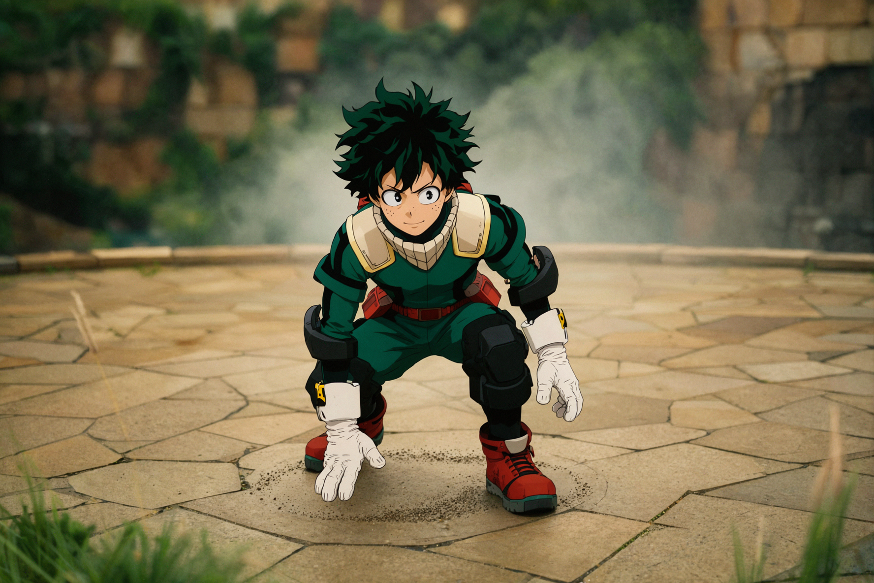 Izuku Midoriya · Anneau de poussière à l'atterrissage · Bokeh tourbillonnant vintage