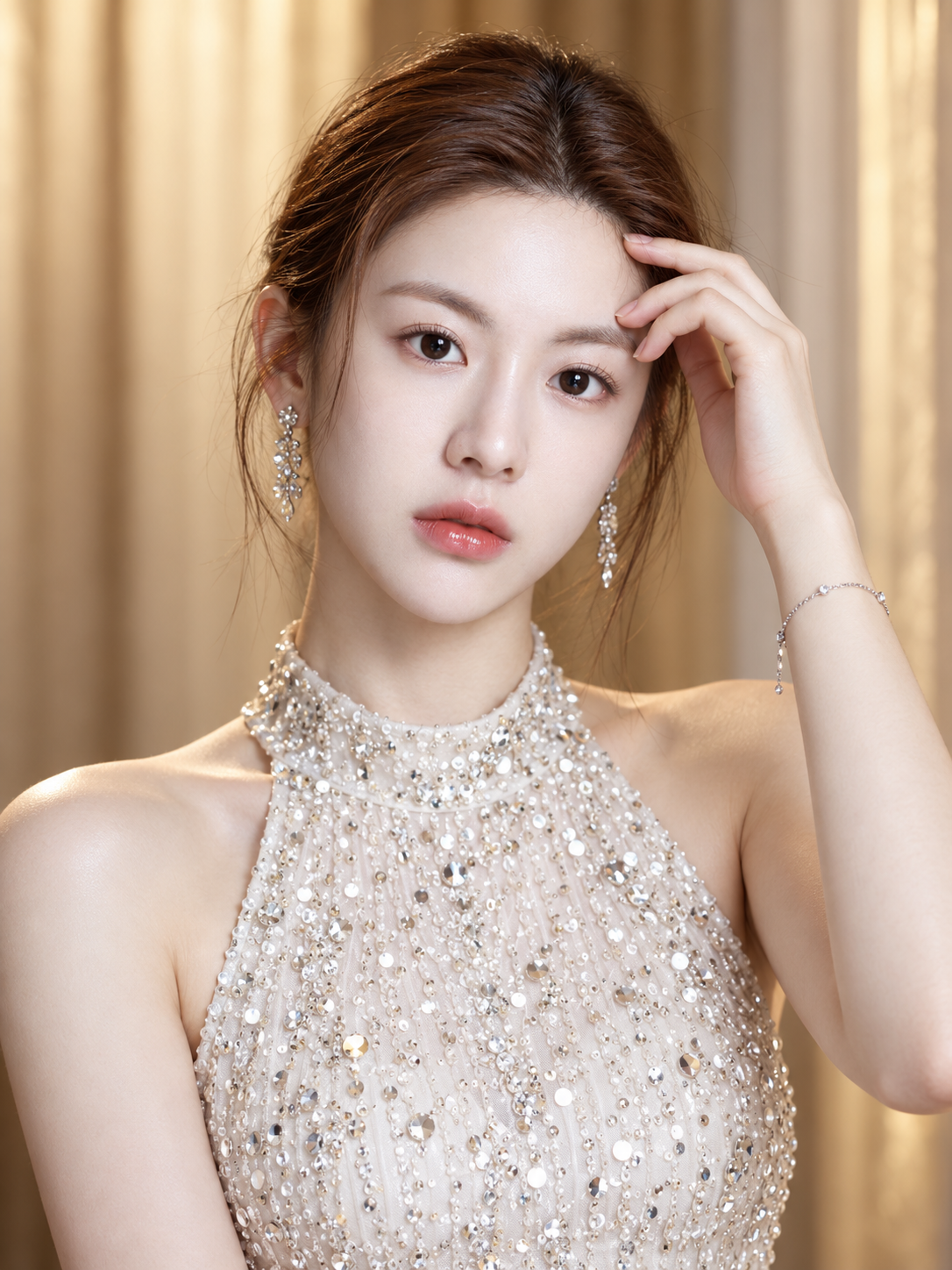 亮片礼服与暖金帷幔下的成年女性肖像 — AI image creation