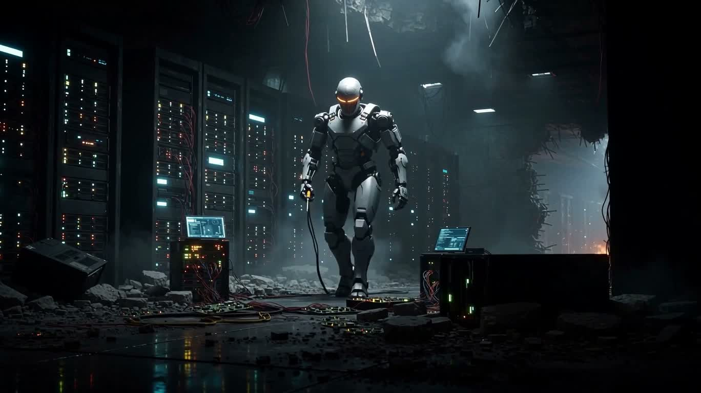 Kỵ sĩ hàn trung tâm dữ liệu ngày tận thế — AI video creation