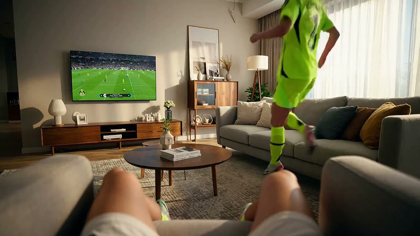 경기장으로 뛰어드는 네온 여자 축구 스트라이커 — AI video creation