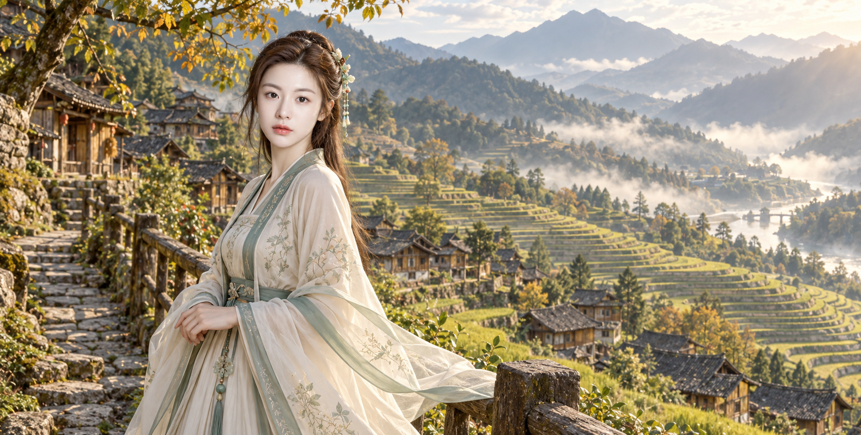 古寨梯田与汉服山水画卷 — AI image creation
