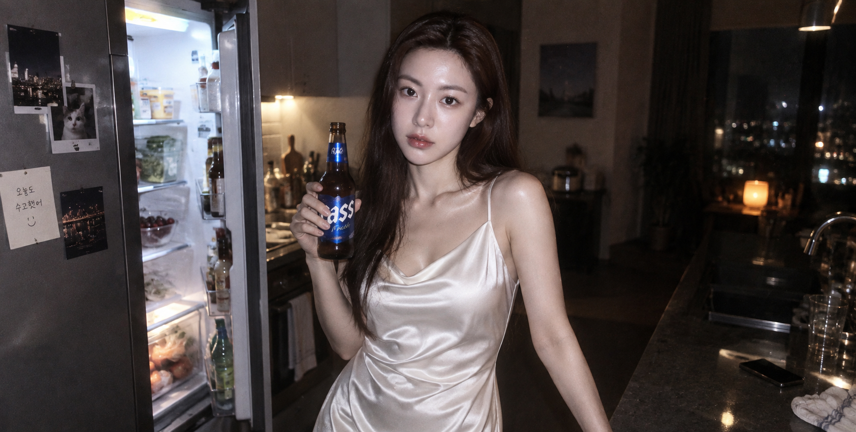 韩系夜厨美妇啤酒抓拍大片 — AI image creation