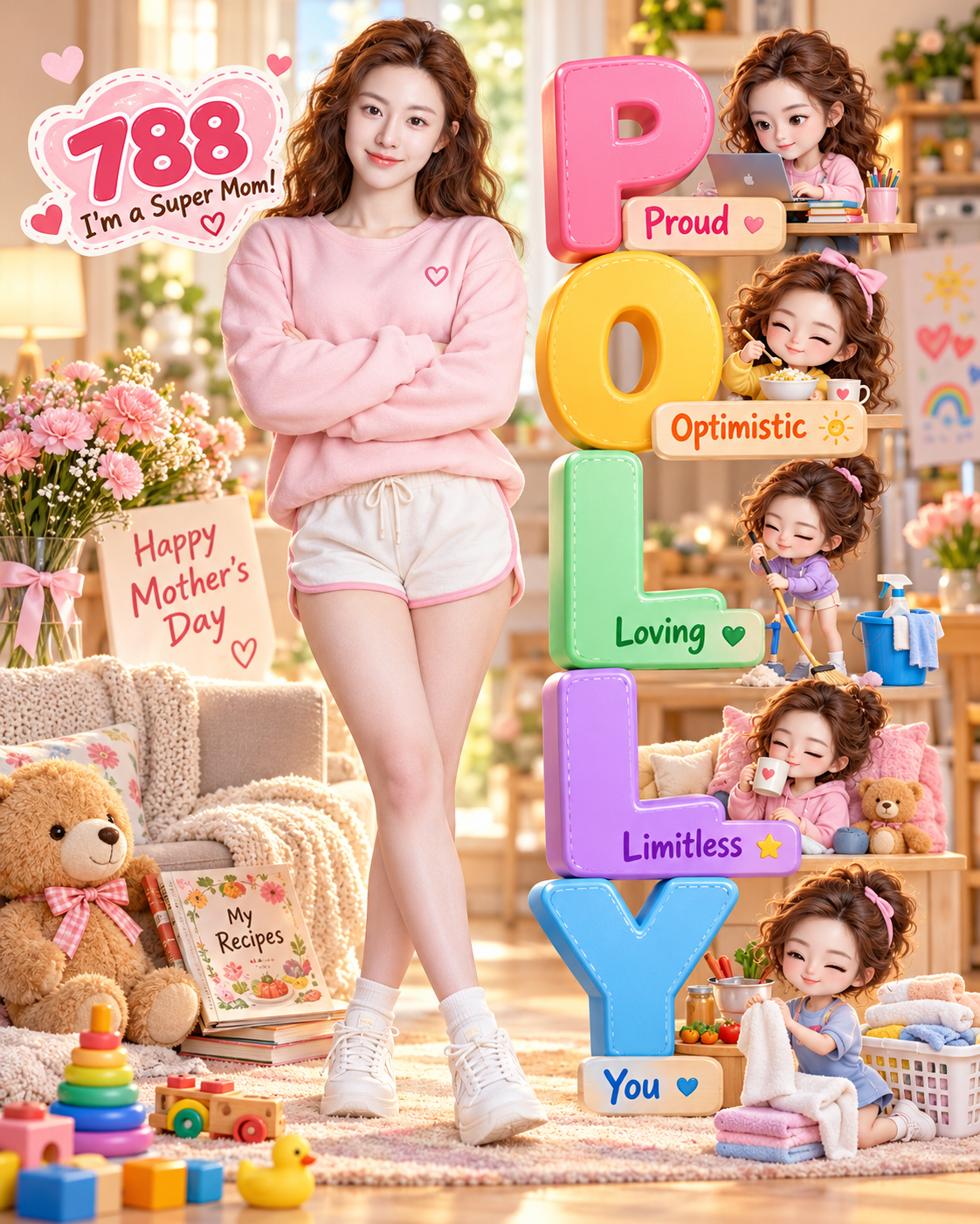 母亲节Polly字母与超能妈妈主题人像海报 — AI image creation