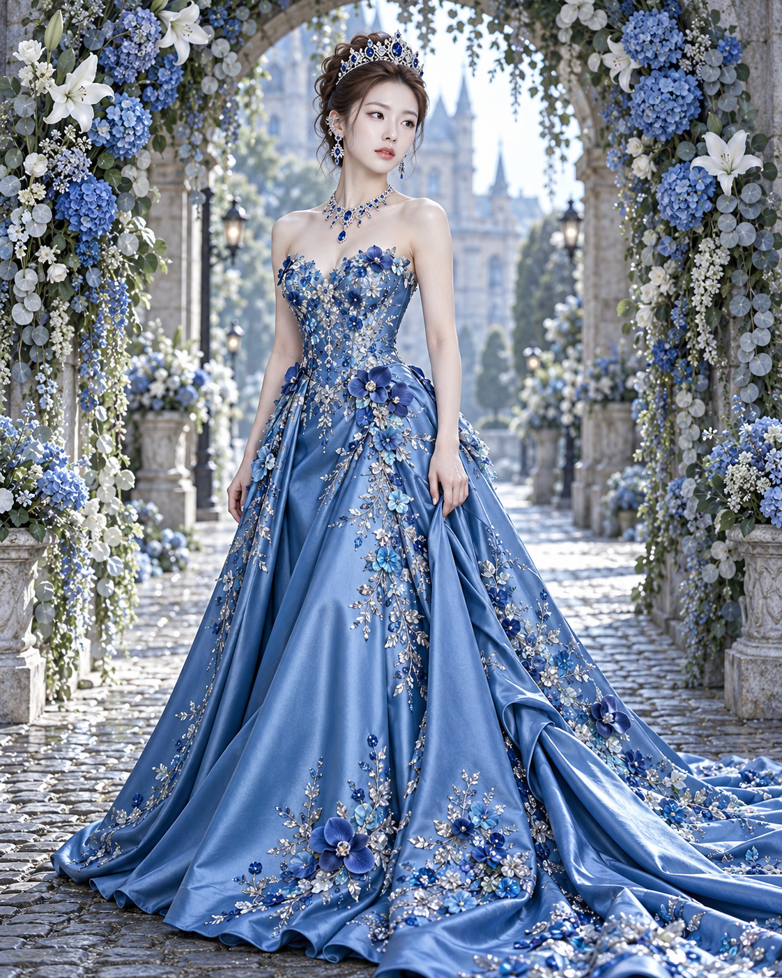 冰蓝花饰礼服与繁花拱门下的成年女性全身时尚肖像 — AI image creation