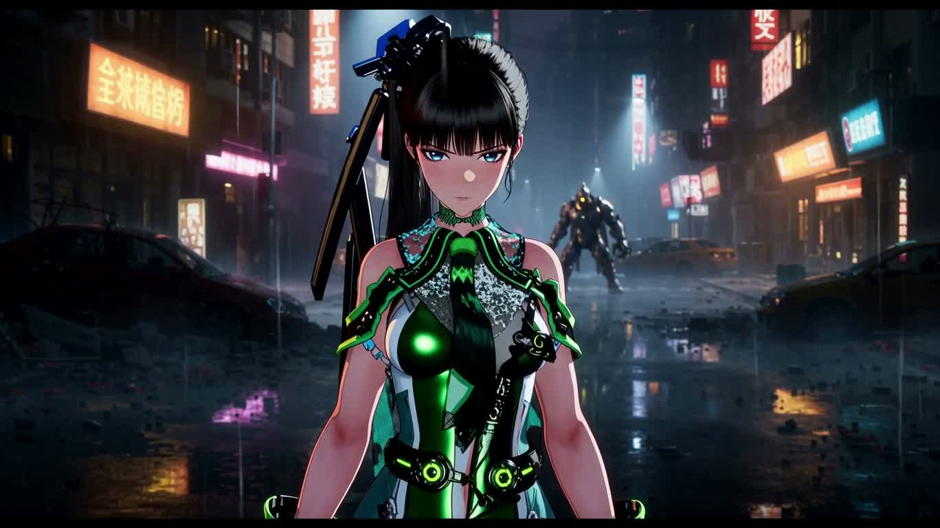 霓虹雨夜的蓝焰剑士 — AI video creation