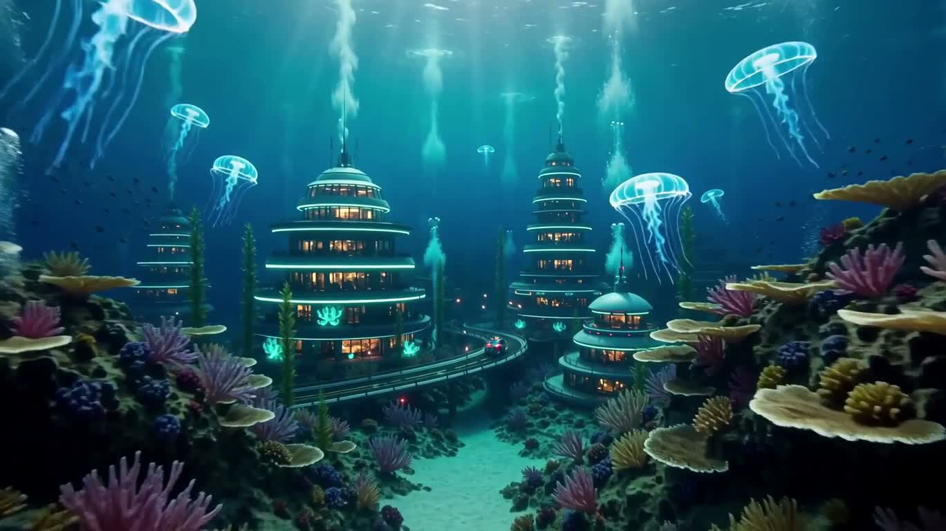 荧光珊瑚城的深海疾行者 — AI video creation