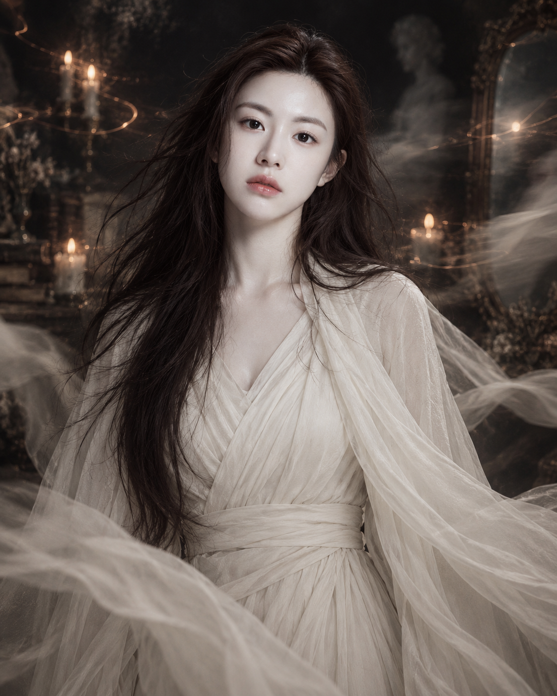 暗黑梦境中的成年女性空灵肖像 — AI image creation