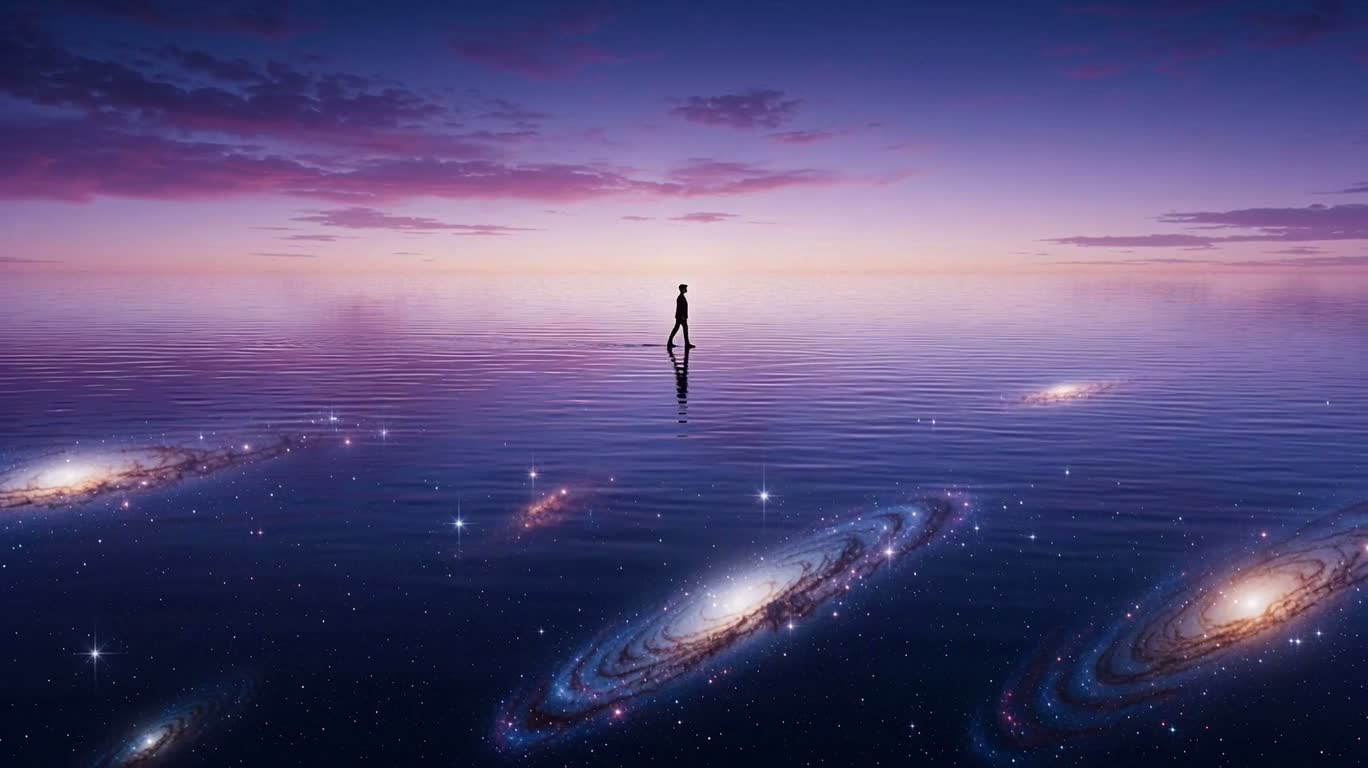 暮光星海中的孤独旅人 — AI video creation