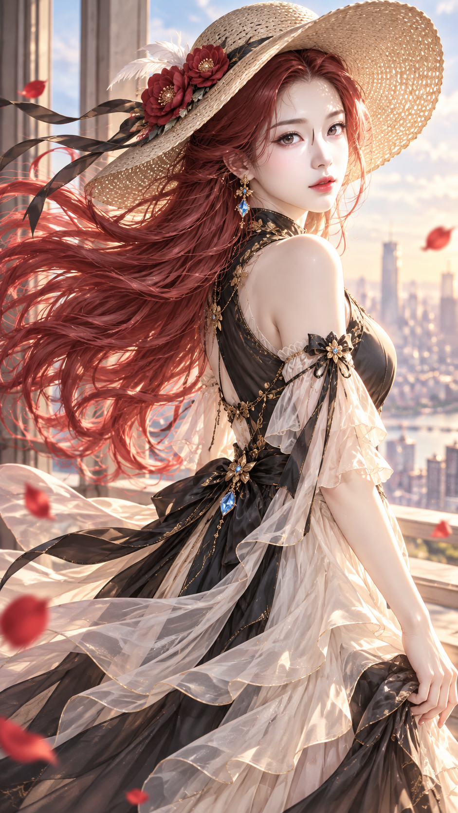 玫红长发的幻想系回眸插画 — AI image creation