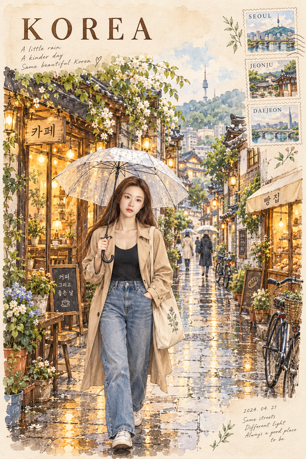 雨后韩国街巷水彩旅行手帐 — AI image creation
