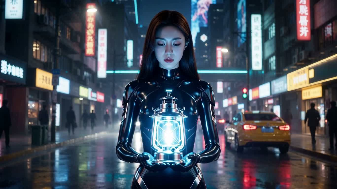 霓虹天际线的全息徽标揭示 — AI video creation