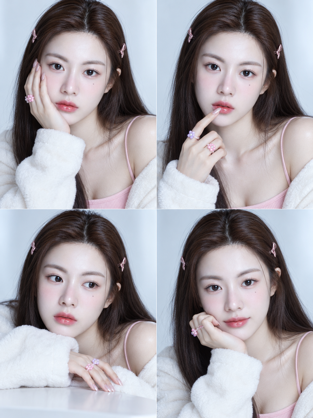 成年女性韩系甜酷妆造四宫格特写 — AI image creation