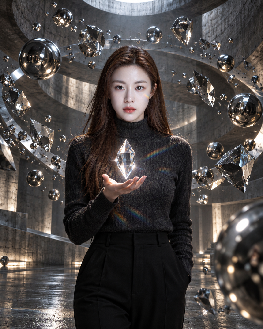 混凝土密室中的铬球轨道与折射棱镜超现实肖像 — AI image creation