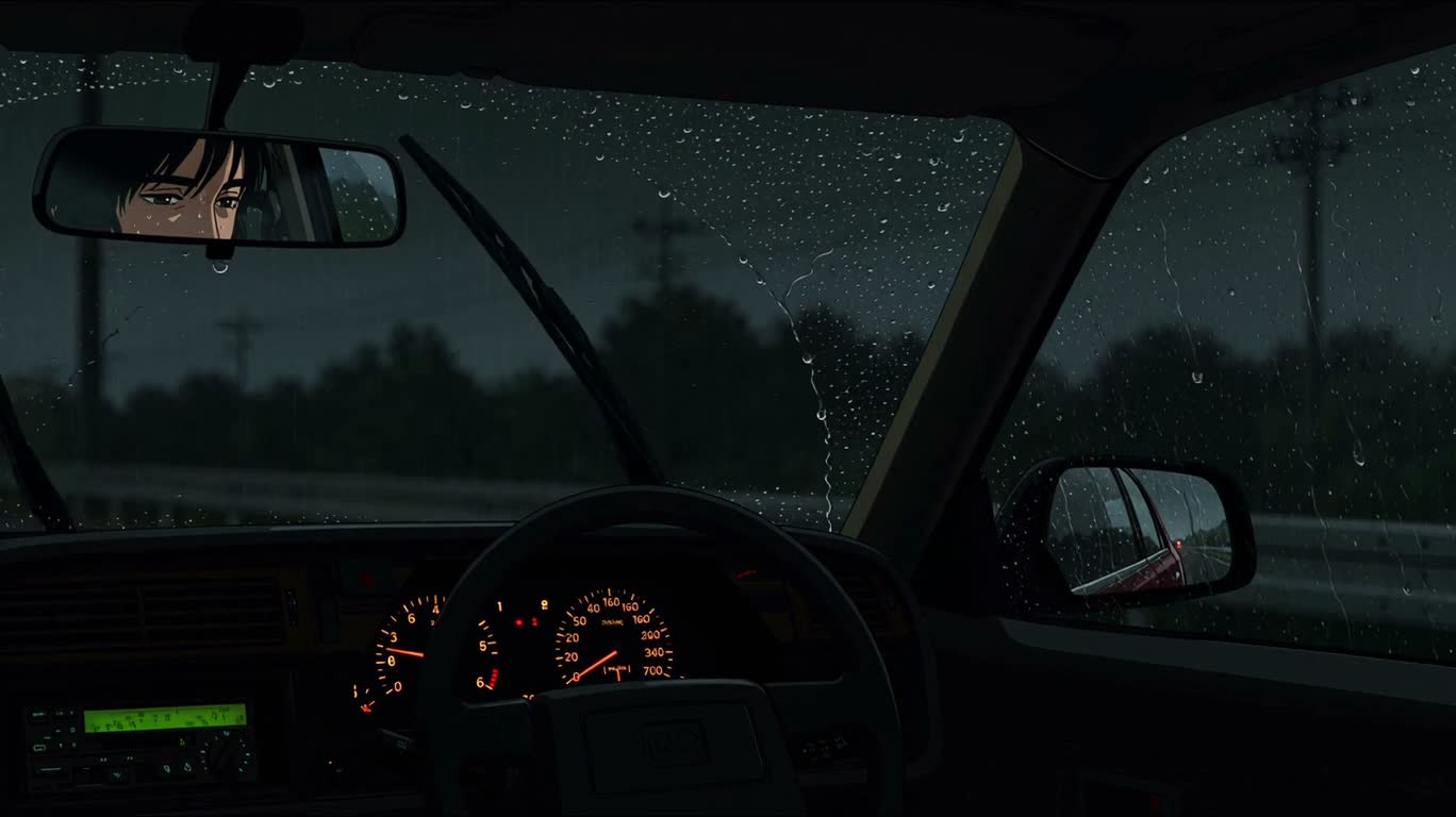 雨夜老式轿车车内 — AI video creation