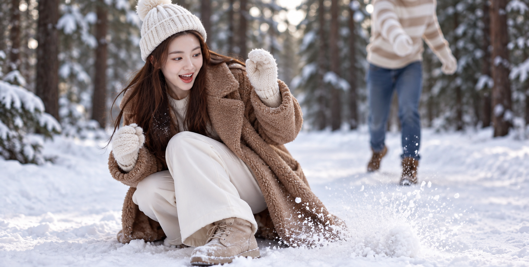 雪松林间的轻松打雪仗抓拍 — AI image creation