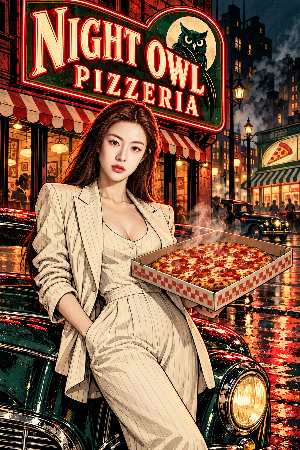 雨夜霓虹披萨店电影感虚构海报 — AI image creation