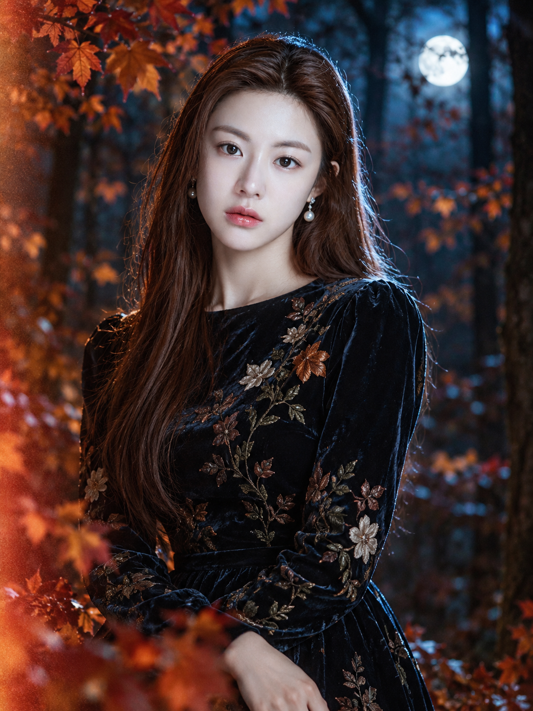 秋夜森林月光边缘光时尚肖像 — AI image creation