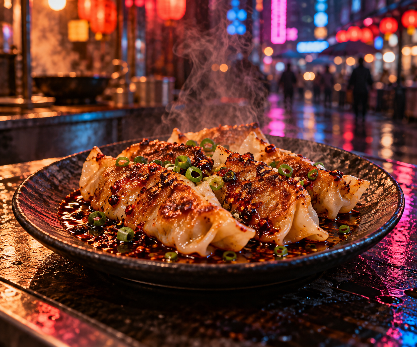 霓虹雨夜中的辣油煎饺美食广告 — AI image creation