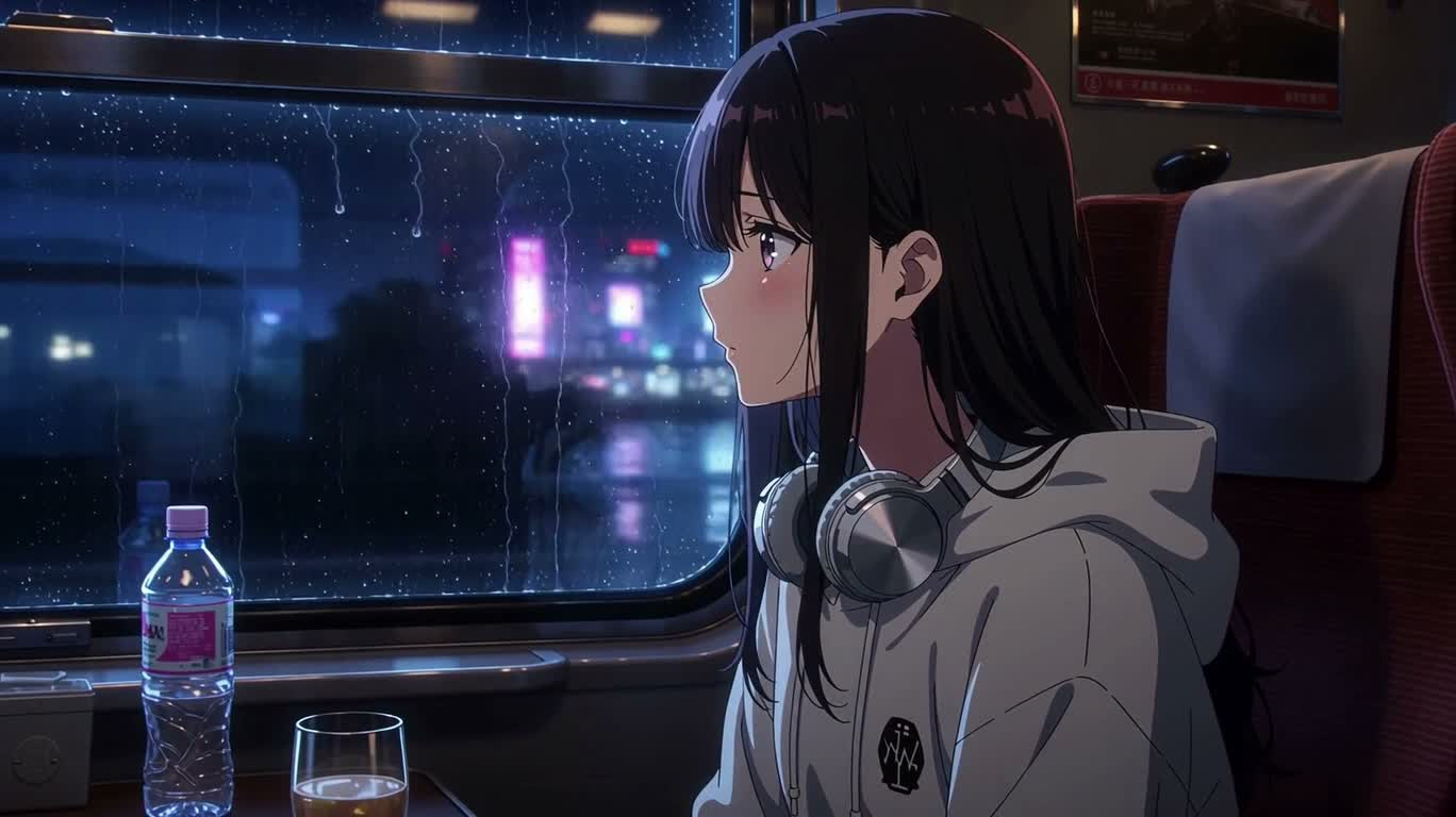 Cô gái anime trên chuyến tàu neon đêm mưa — AI video creation