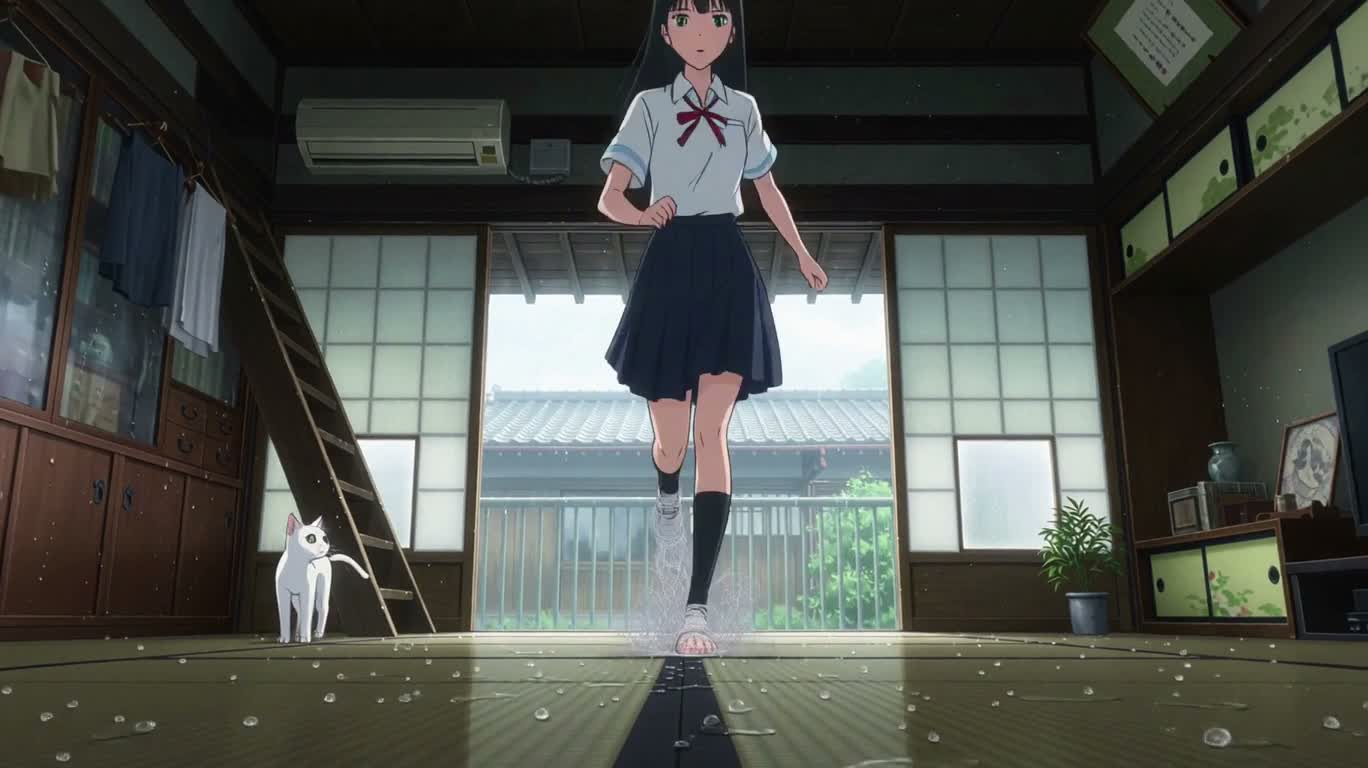 Black-Haired Girl Ambushes White Cat with Thread — AI video creation