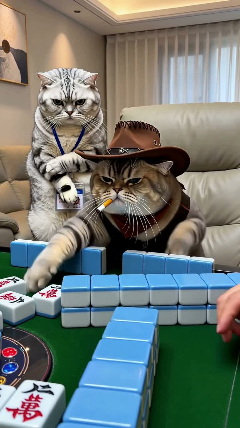 冷面牛仔猫的麻将翻车 — AI video creation
