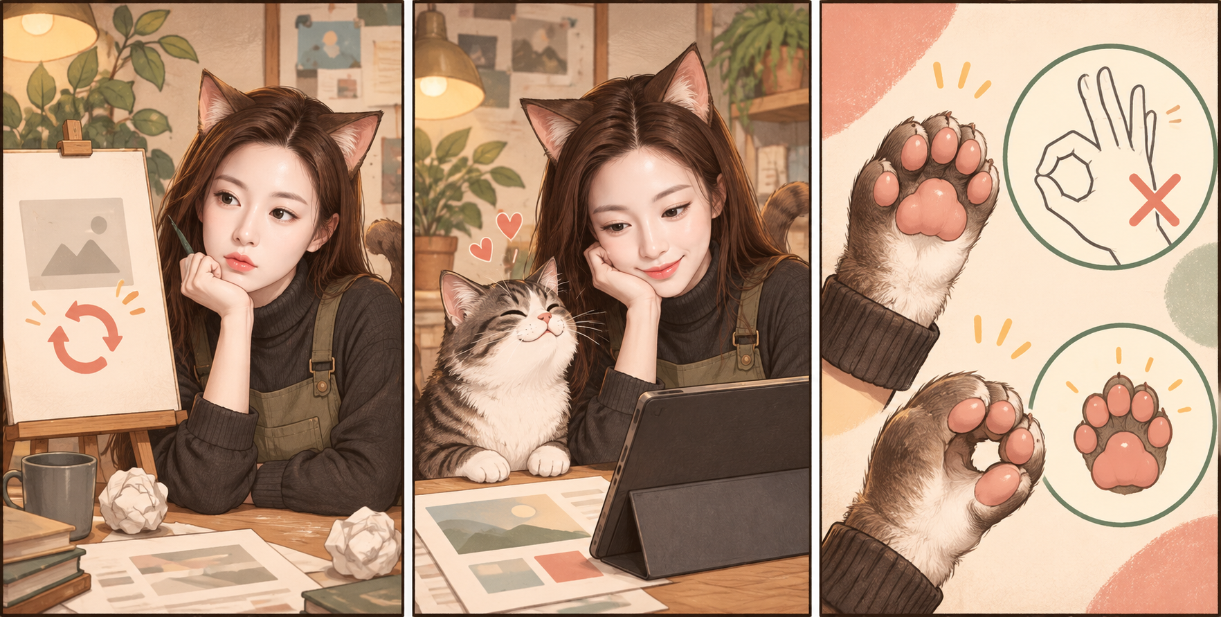 猫系工作室吉祥物三格协作漫画 — AI image creation