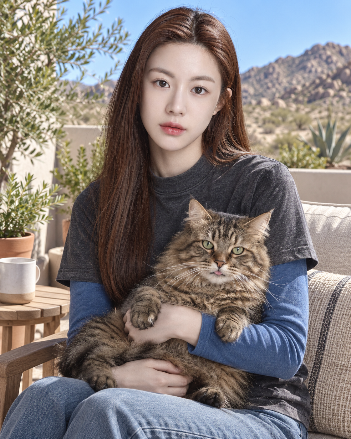 阳光露台上的成年女性与长毛虎斑猫 — AI image creation
